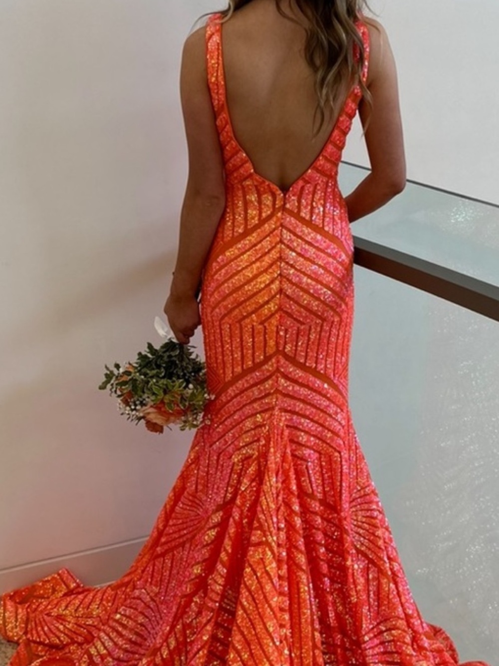 Jovani Bright Orange  Sequin Open-Back Mermaid Gown GORGEOUS